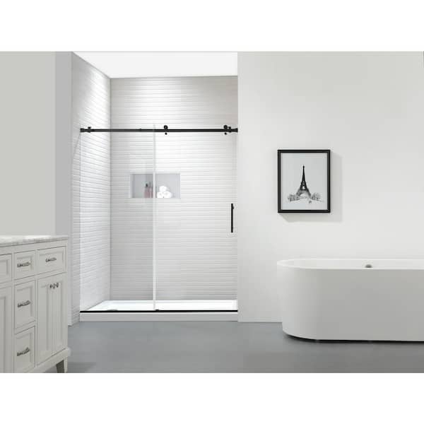FELYL 60 in. W x 76 in. H Sliding Frameless Shower Door in Black Finish with Clear Glass