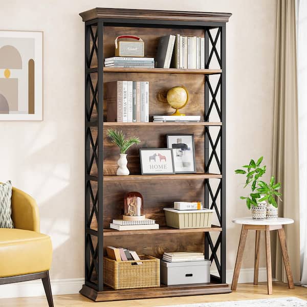 Kaduna 70.9 in. Tall Brown Wooden 5-Shelf Etagere Bookcase with Metal Frame, 5-Tier Industrial Bookshelf for Home Office