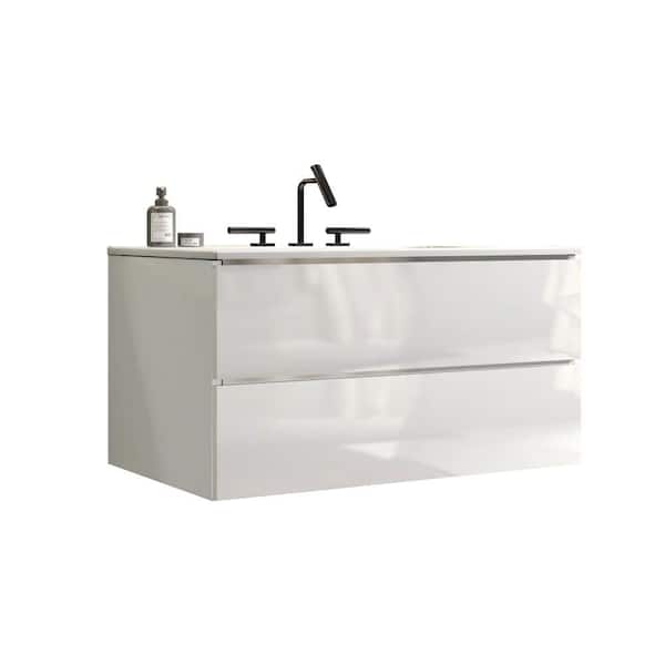 36 in. W Single Sink Floating White Bath Vanity with White Ceramic Top