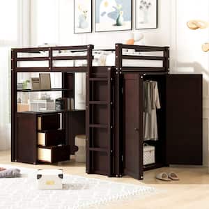 Espresso Twin size Loft Bed with Drawers, Desk and Wardrobe