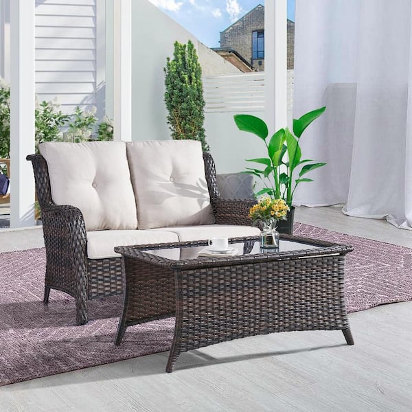 Opohoro ArcoBay 2-Piece Brown Wicker Outdoor Loveseats Patio Conversation Set with Beige Cushions and Coffee Table