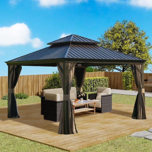 12 ft. x 12 ft. Brown Outdoor Aluminum Gazebo with Galvanized Steel Double Canopy Curtains and Netting for Deck Backyard