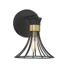 Breur 7 in. W x 9 in. H 1-Light Matte Black with Warm Brass Accents Wall Sconce with Curved Wire Metal Frame