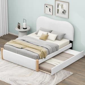 White Wood Frame Full Berber Fleece Upholstered Platform Bed with Twin Size Trundle, Support Legs, Arc-Shaped Headboard