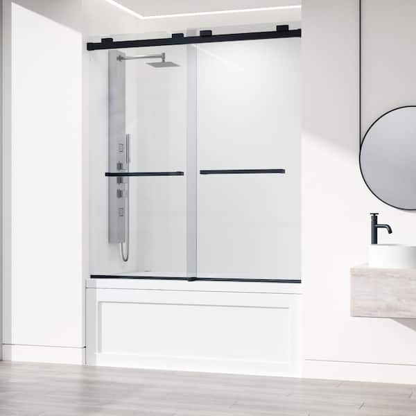 VIGO Houston 56 to 60 in. W x 66 in. H VMotion Sliding Frameless Tub Door in Matte Black with 3/8 in. (10mm) Clear Glass