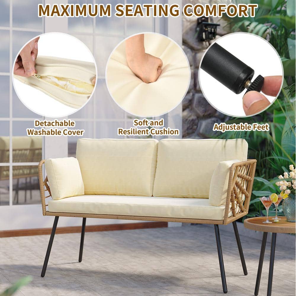 Beige Wicker and Iron Two-Seat Patio Sectional Sofa