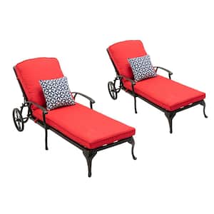 Antique Bronze 2-Piece Aluminum Adjustable Reclining Outdoor Chaise Lounge with Red Cushion and Pillows (Set of 2)