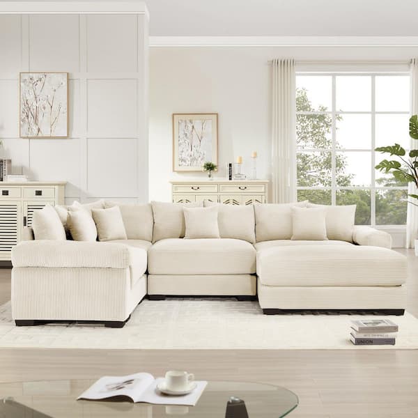 DDSMYS 116.9 in. Straight Arm 5-Piece Corduroy Modular Sectional Sofa with Ottoman and Ergonomic Design in Creamy Beige