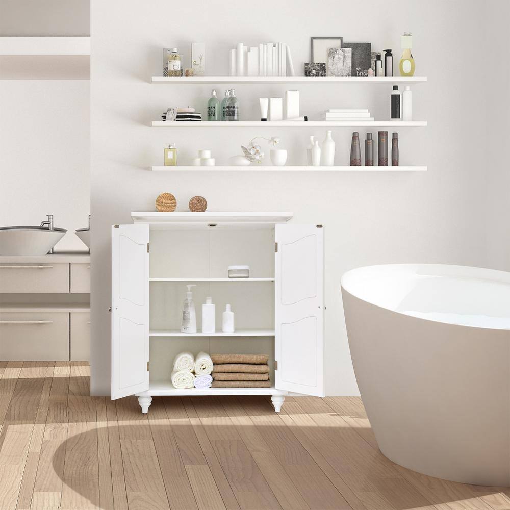 White Wooden Cabinet with Adjustable Shelves and Engraved Doors