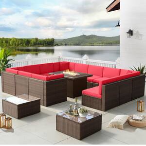 15-Piece Wicker Patio Conversation Set with Red Cushions/Steel Fire Pit
