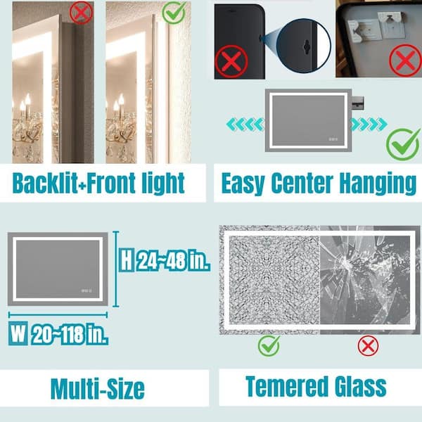 50 in. W x 36 in. H Rectangular Frameless Wall Bathroom Vanity Mirror with Backlit and Front Light