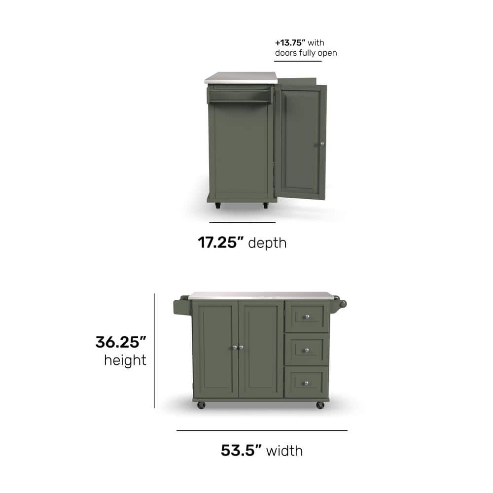 Sage Green Stainless Steel Top Kitchen Cart with Storage