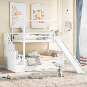 White Twin House Bunk Bed with 2-Drawers and Slide, Storage Staircase