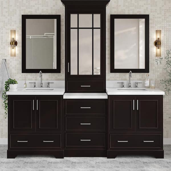 ARIEL Stafford 85 in. W x 22 in. D x 89 in. H Double Bath Vanity in Espresso with Carrara Marble Tops and Mirrors