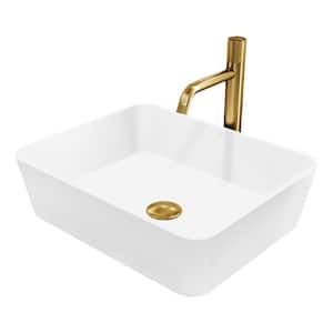 Matte Stone Marigold Composite Rectangular Vessel Bathroom Sink in White with Faucet and Pop-Up Drain in Matte Gold