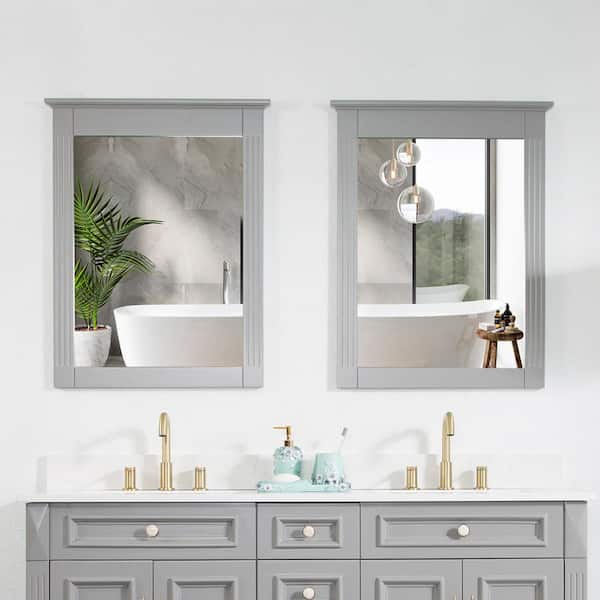 ANGELES HOME 2-Piece 26 in. W x 33 in. H Medium Rectangular Solid Wood Framed Wall Bathroom Vanity Mirror Titainum Gray