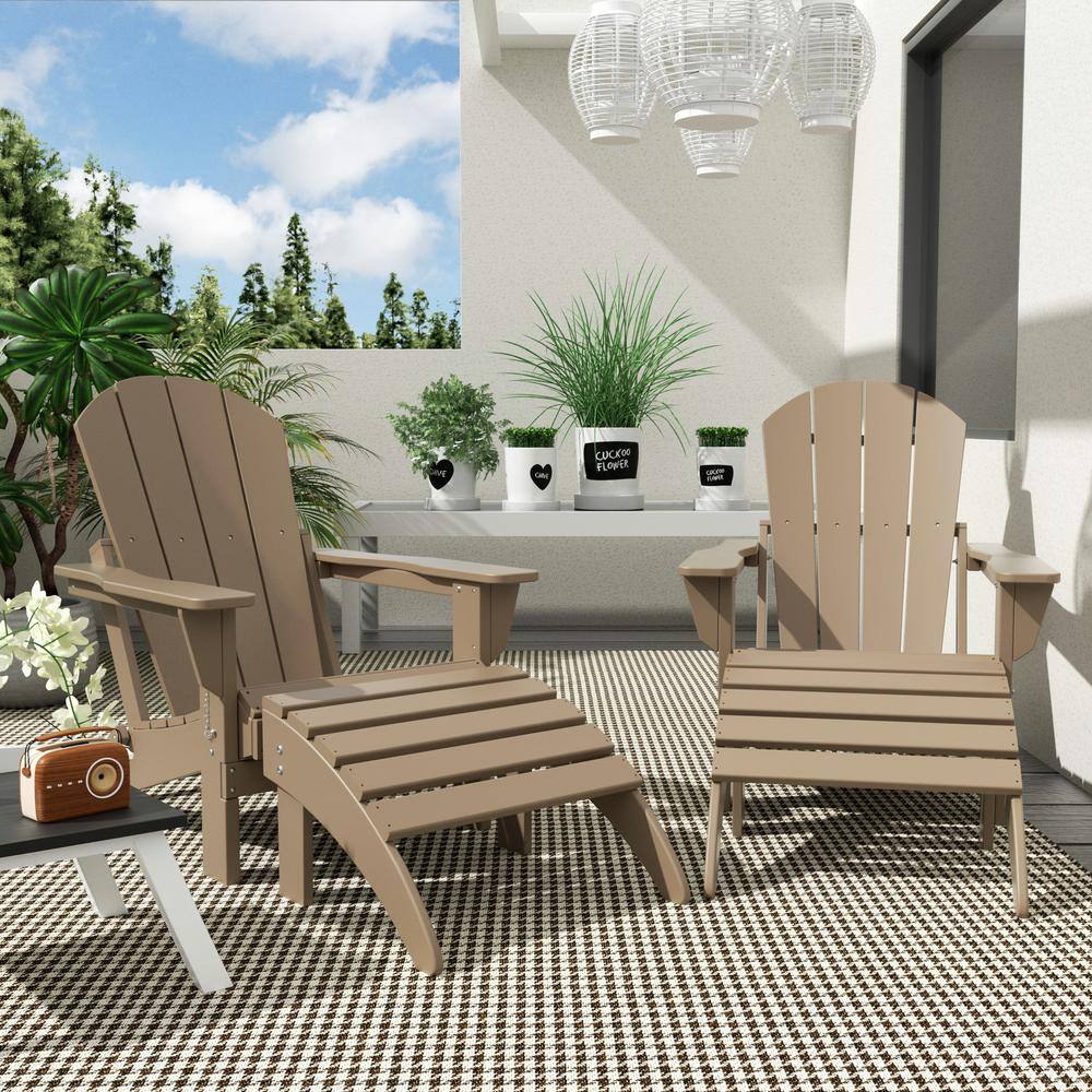 Teak All Weather Poly Outdoor Adirondack Chair Set with Ottomans