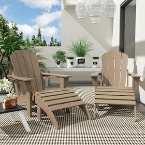 Laguna Outdoor Patio 4 Piece Traditional HDPE Plastic Folding Adirondack Chairs with Footrest Ottomans in Weathered Wood