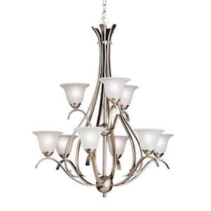 Dover 27.75 in. 9-Light Brushed Nickel 2-Tier Transitional Shaded Bell Chandelier for Dining Room