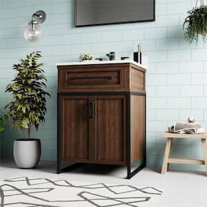 Jessica 24 in. W x 22 in. D x 37.5 in. H Industrial Bathroom Vanity in Walnut with White Engineered Stone Top