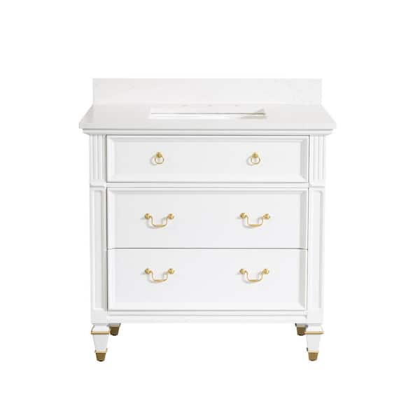 36 in. White Solid Wood Bath Vanity with Carrara White Quartz Top, Single Sink, Soft-Close Drawers, Assembled