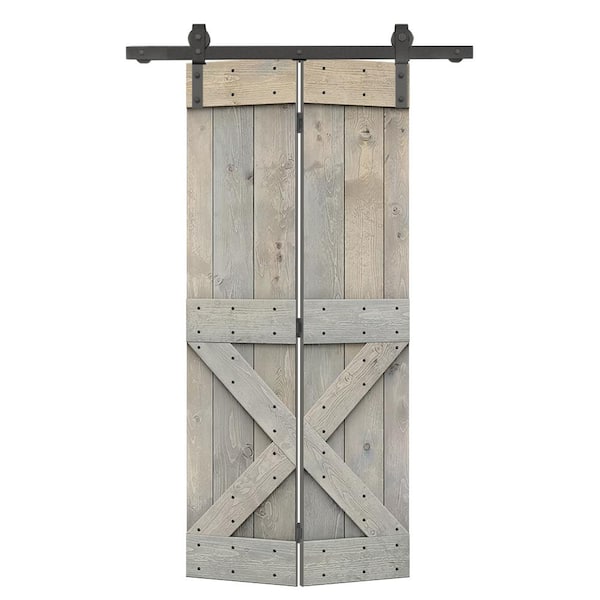CALHOME 36 in. x 84 in. Mini X-Series Solid Core Smoke Gray-Stained DIY Wood Bi-Fold Barn Door with Sliding Hardware Kit