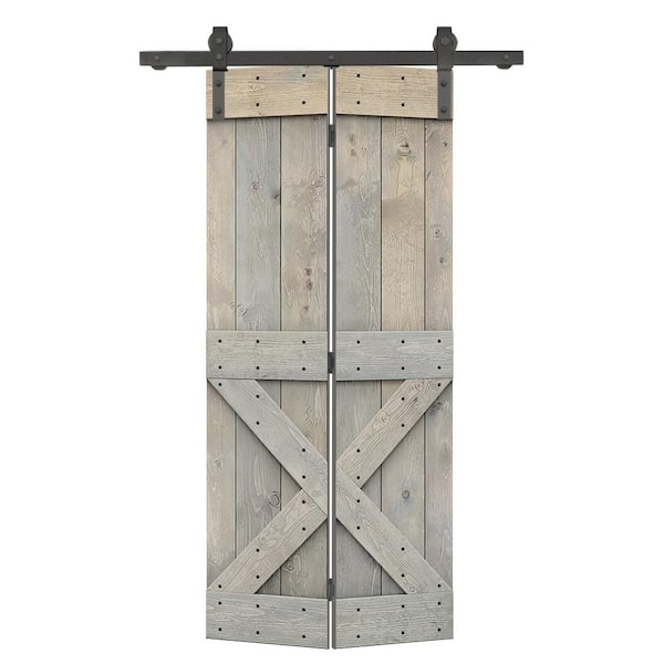 CALHOME 24 in. x 84 in. Solid Core Smoke Gray Stained Wood Bi-Fold Barn Door with Sliding Hardware Kit Mini X Pre Assembled