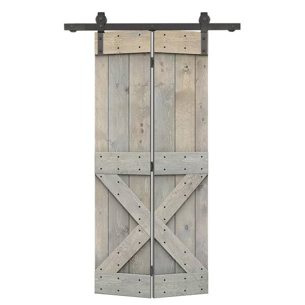 CALHOME 32 in. x 84 in. Solid Core Smoke Gray Stained Wood Bi-Fold Barn Door with Sliding Hardware Kit Mini X Pre Assembled