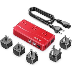 250W 220V to 110V Travel 2-to-3 Prong Adapter Voltage Converter with 3-Outlets and 4-Port USB and 5 Adapters in Red