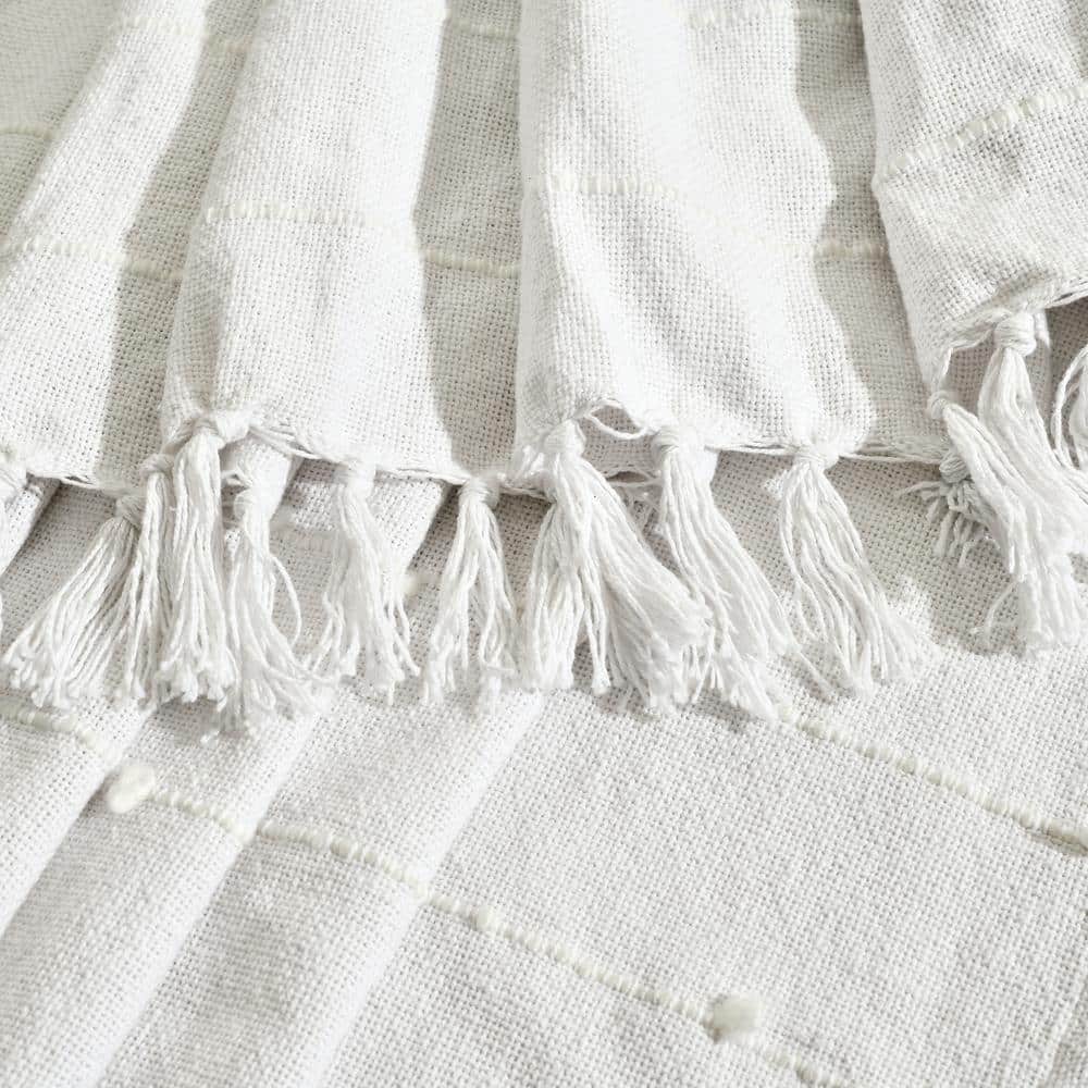 White Cotton Boho Tufted Tassel Fringe Throw Blanket