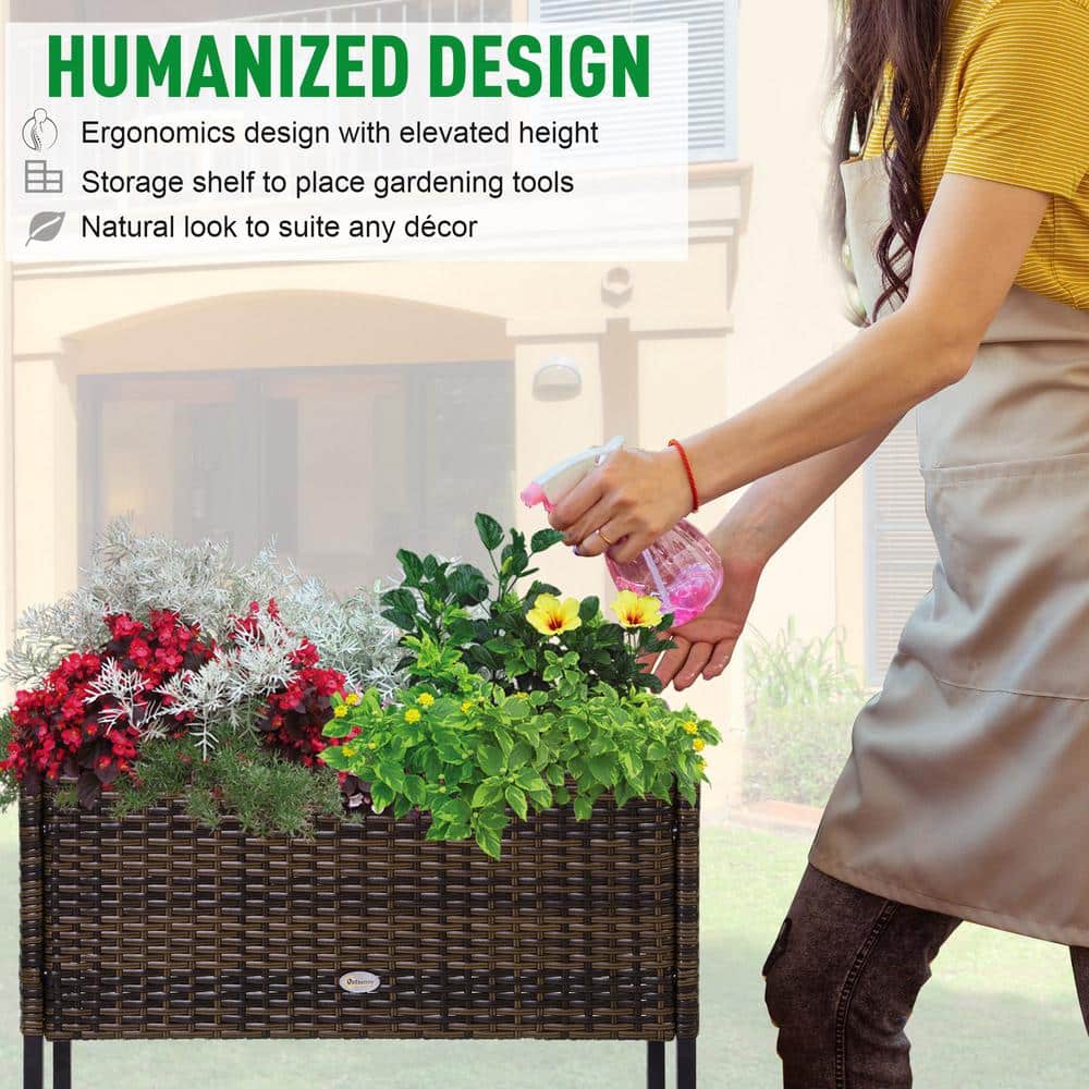 Brown Elevated Rattan Wicker Outdoor Flower Stand with Tool Storage