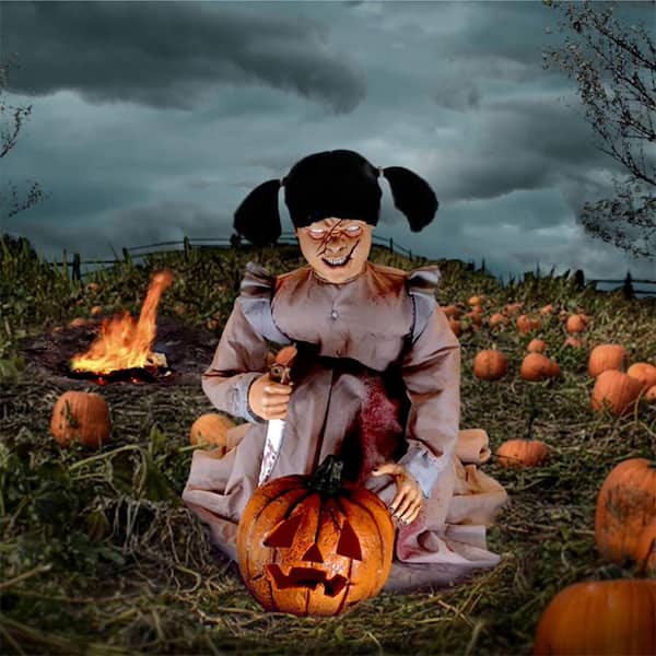 Haunted Hill Farm 3.2 ft. Lunging Pumpkin Carver Zombie Girl with