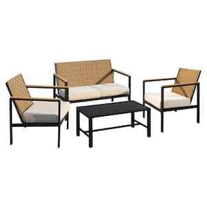 Black 4 Piece Metal Patio Furniture Set, Hand-Made Drawstring Outdoor Dining Patio Conversation Sets with Cushion