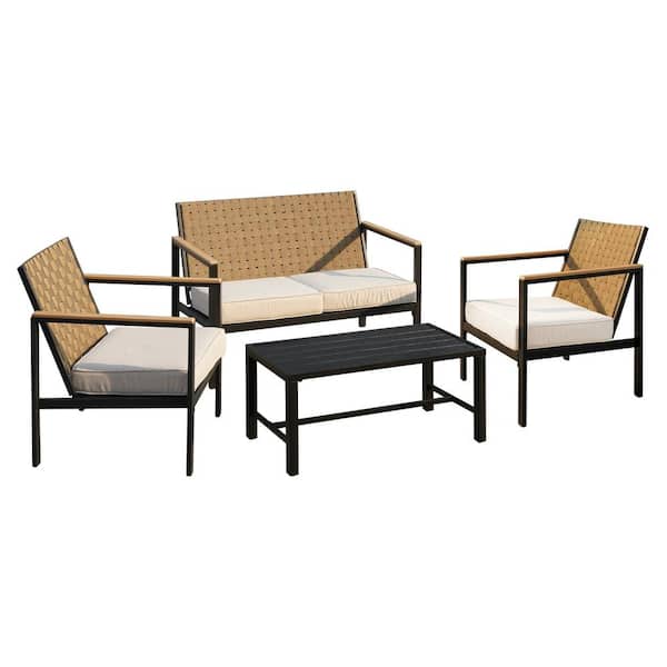 Cisvio Black 4 Piece Metal Patio Furniture Set, Hand-Made Drawstring Outdoor Dining Patio Conversation Sets with Cushion