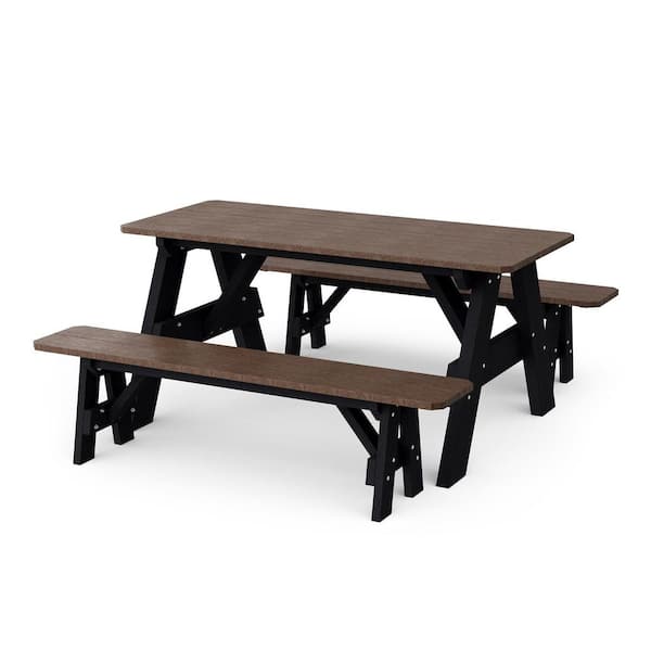 Heritage 72 in. Tudor Brown and Black Rectangle HDPE Plastic Picnic Table with Detached Benches Seats 6 People
