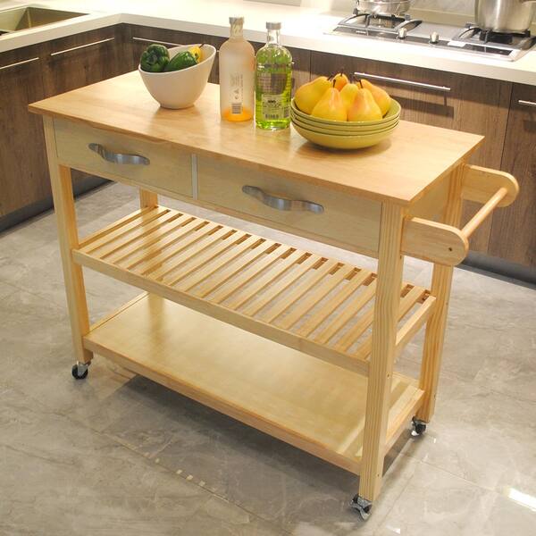 Natural Kitchen Cart With Wood Top And 2 Drawer Shelf Island Wheels Brake Aybszhd100 Natural Kitchen Cart With Wood, Natural Wood Kitchen Island Cart