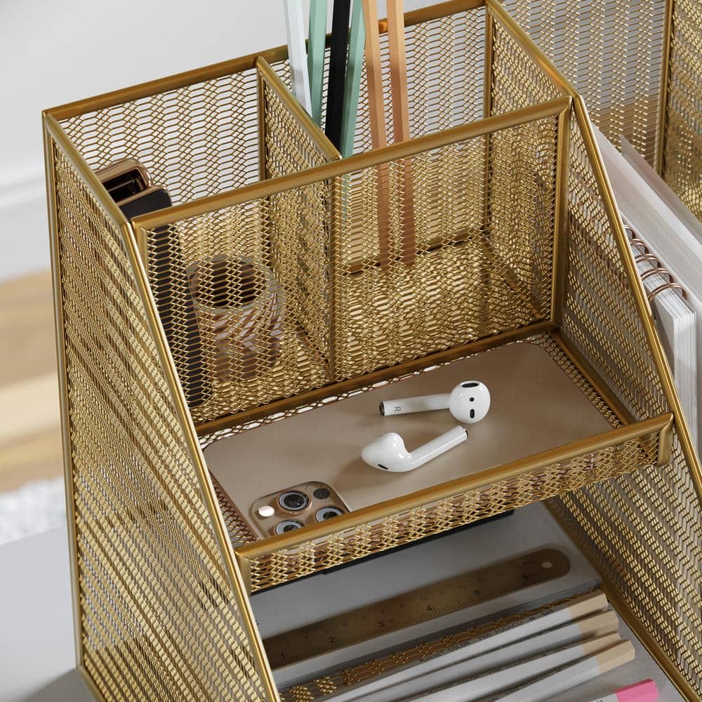 Gold Mesh Metal Large Desktop Organizer with File and Pen Holders