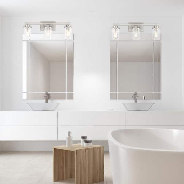 Jedrek 24 in. 3-Light Brushed Nickel Industrial Vanity Light with Clear Glass Shades