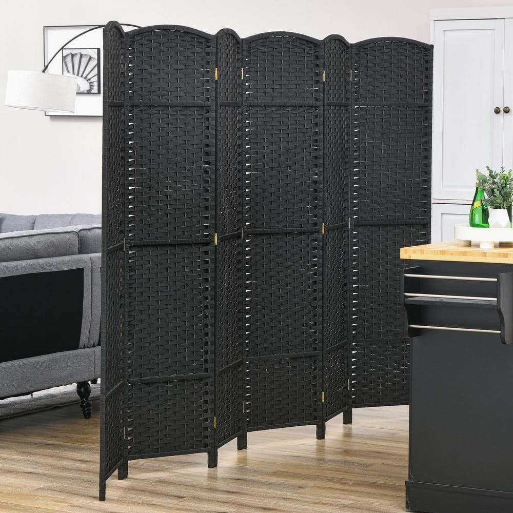 Black 6-Panel Folding Privacy Screen with Pine Wood Frame
