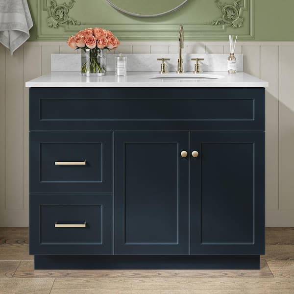 ARIEL Hamlet 43 in. W x 22 in. D x 35.5 in. H Bath Vanity in Midnight Blue with Carrara Marble Vanity Top