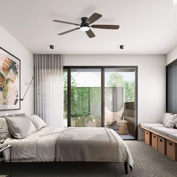 42 in. Integrated LED Indoor Black Downrod Mount and Flush Mount Ceiling Fan with Light, Remote and Reversible DC Motor