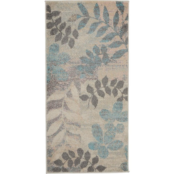 Nourison Tranquil Ivory/Light Blue 2 ft. x 4 ft. Floral Contemporary Kitchen Area Rug