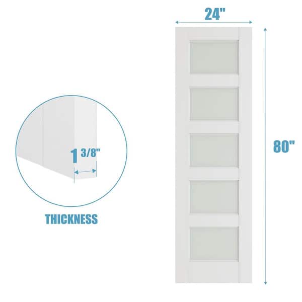 24 in x 80 in 5-Lite Solid Core Frosted Glass White Primed MDF Wood Interior Door Slab(No Hardware Included)