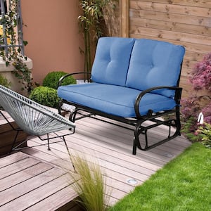 1-Piece Metal Outdoor Loveseat with Blue Cushion Glider