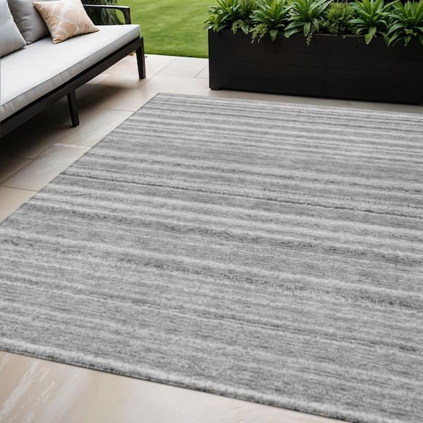 Gray, Silver, Charcoal 5 ft. x 8 ft.  Woven Striped Polyester Rectangle Indoor / Outdoor Area Rug