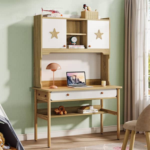 BYBLIGHT Witham Brown Kids Study Desk Writing Desk with Hutch