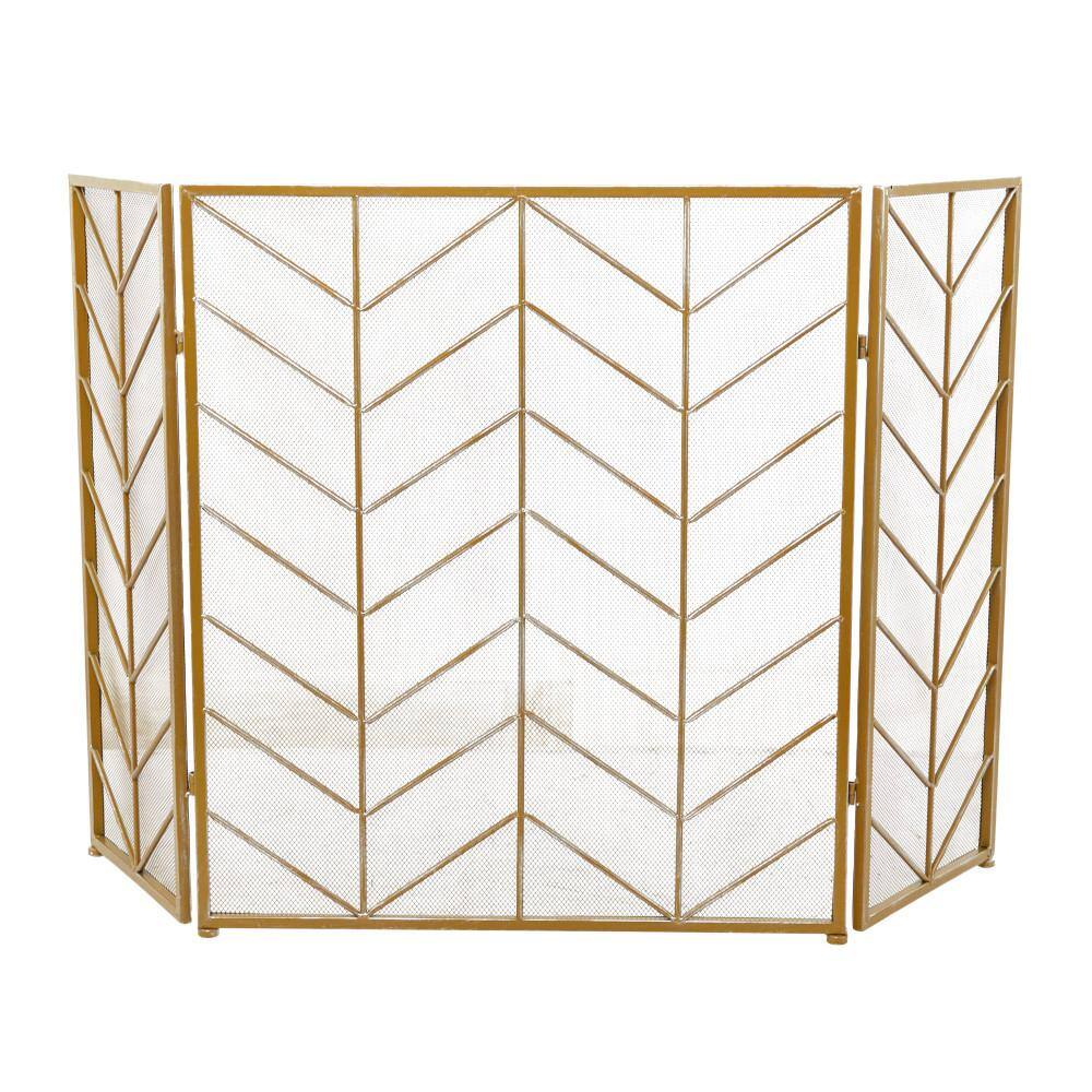 Gold 52" Chevron Pattern Mesh 3-Panel Fireplace Screen