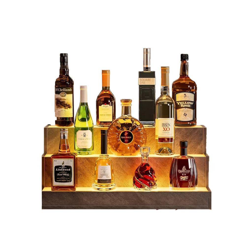 11 in. H x 24 in. W 11-Bottle Gray 3 Step LED Lighted Liquor Bottle Display