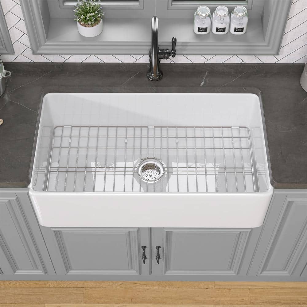 White Fireclay Single Bowl Farmhouse Kitchen Sink with Grid