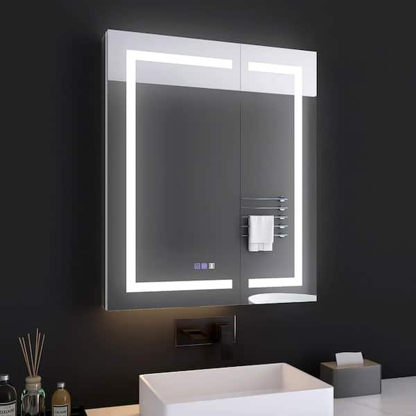 30 in. W x 36 in. H Rectangular Silver Aluminum Recessed/Surface Mount Medicine Cabinet with Mirror and LED